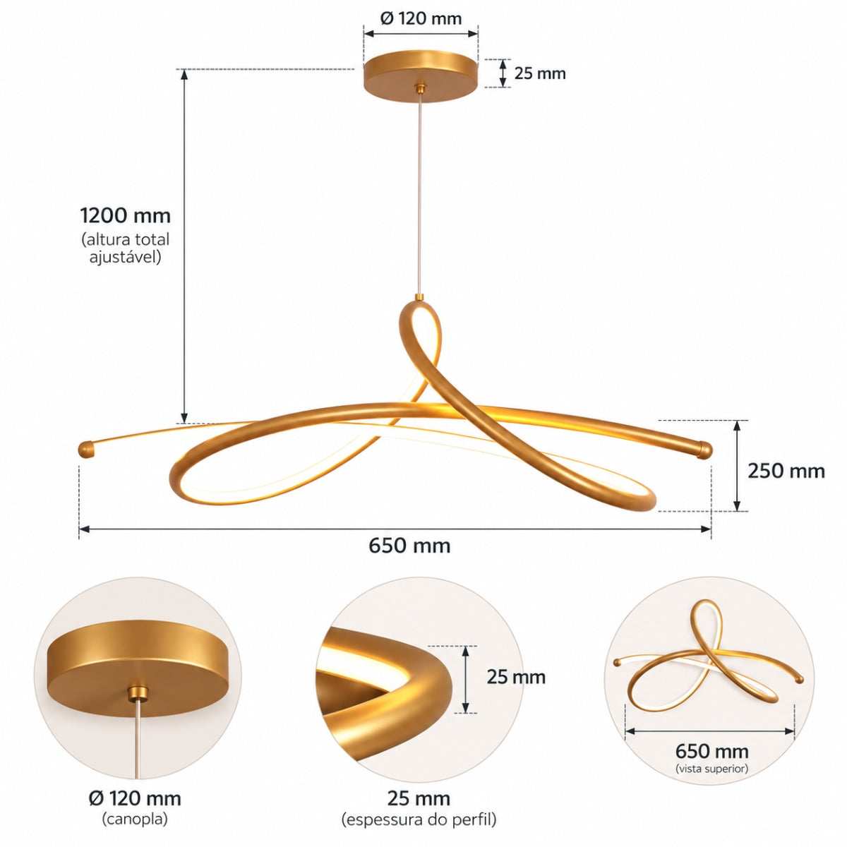 Pendente LED Trento 3000K 32W Ouro Taschibra