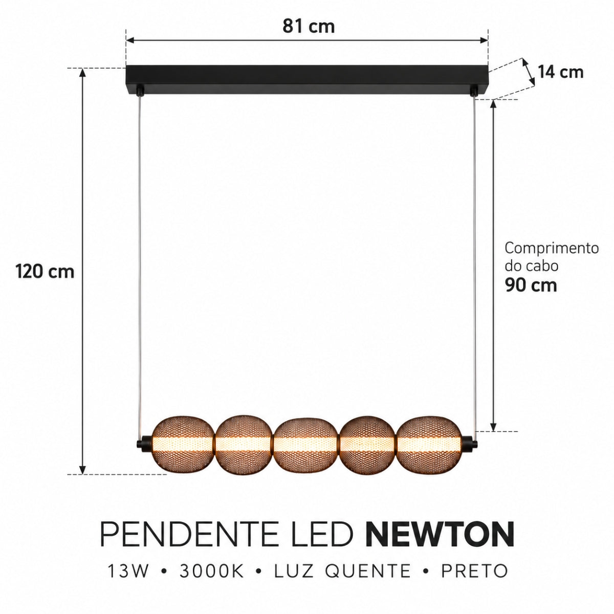 Pendente LED Newton 3000K 13W Preto Taschibra
