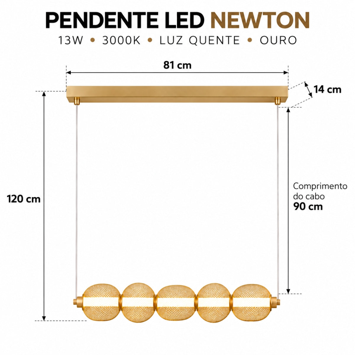 Pendente LED Newton 3000K 13W Ouro Taschibra