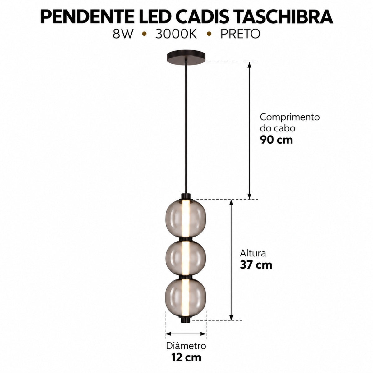 Pendente LED Cadis 3000K 8W Preto Taschibra