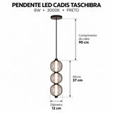 Pendente LED Cadis 3000K 8W Preto Taschibra