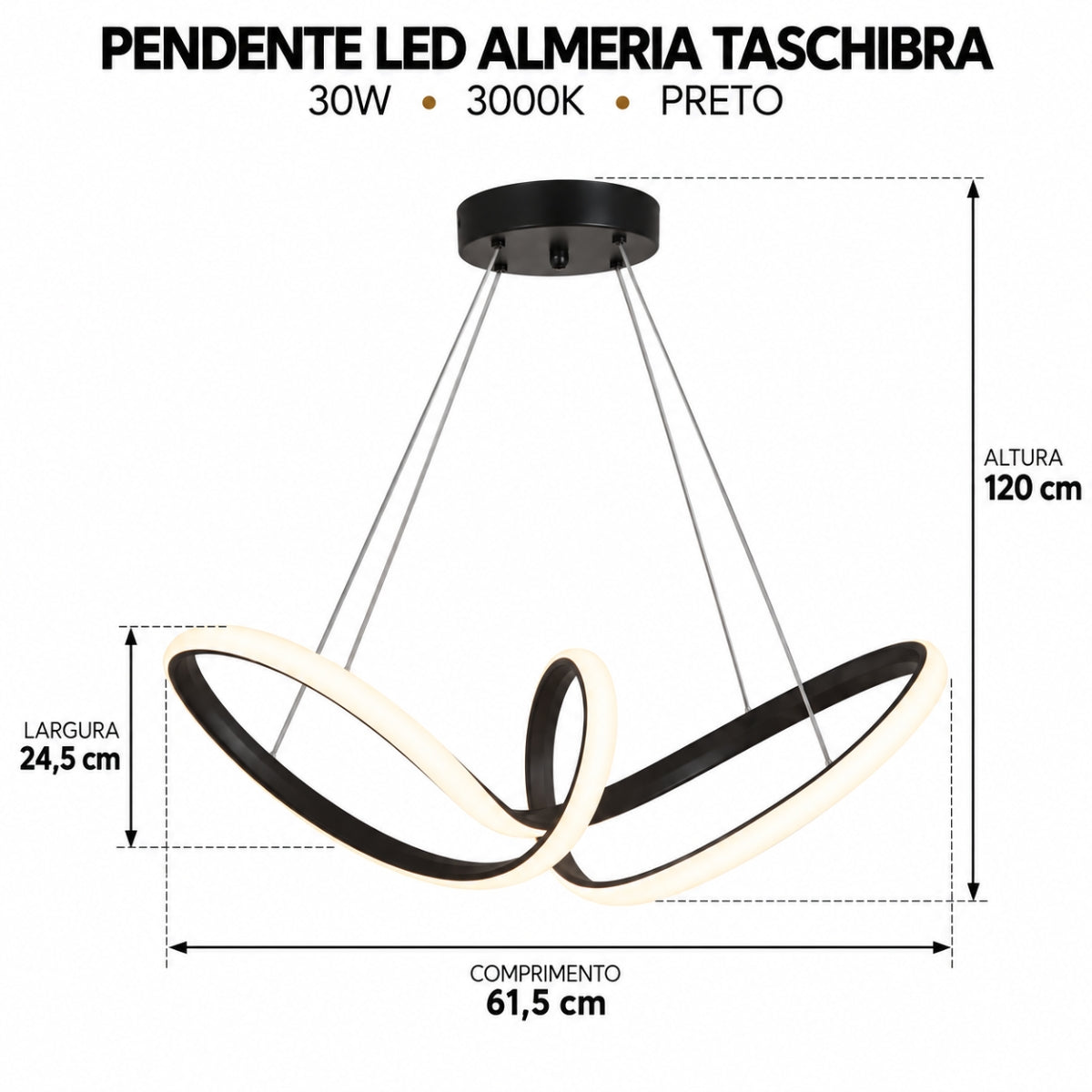 Pendente LED Almeria 3000K 30W Preto Taschibra