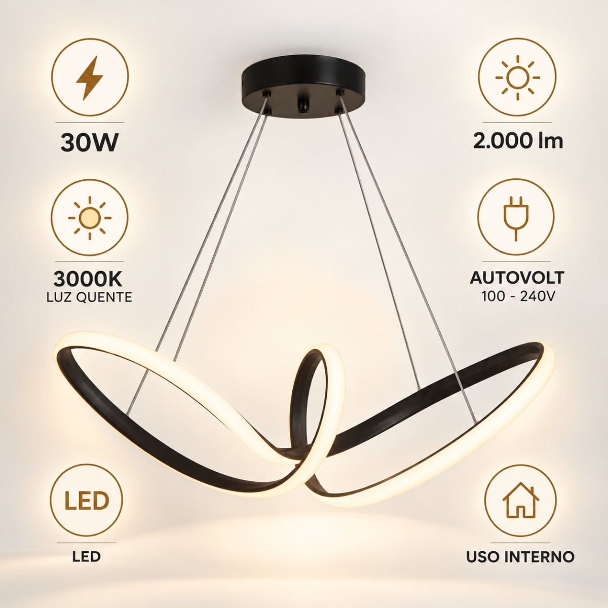Pendente LED Almeria 3000K 30W Preto Taschibra