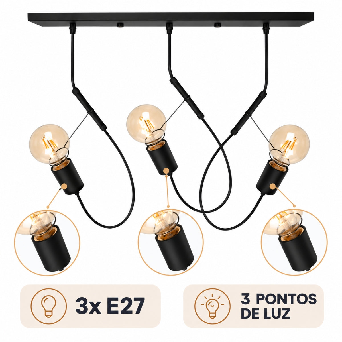 Pendente Bungee 3xE27 Preto Fosco Taschibra