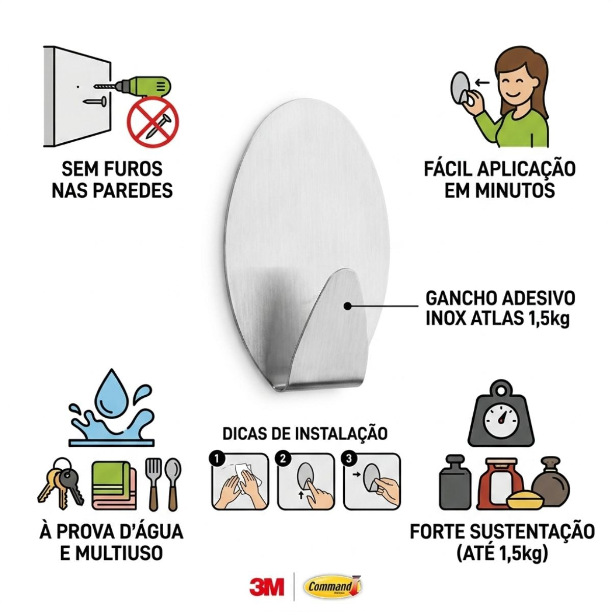 Gancho Adesivo Inox 1,5kg C/ 1 Peça Atlas