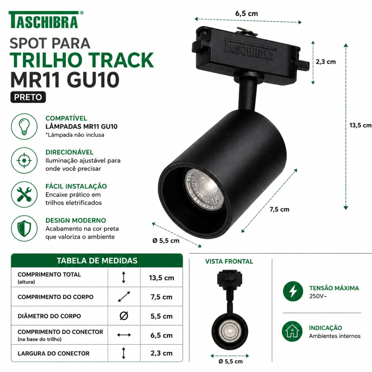 Spot Para Trilho Track Mr11 Gu10 Preto Taschibra