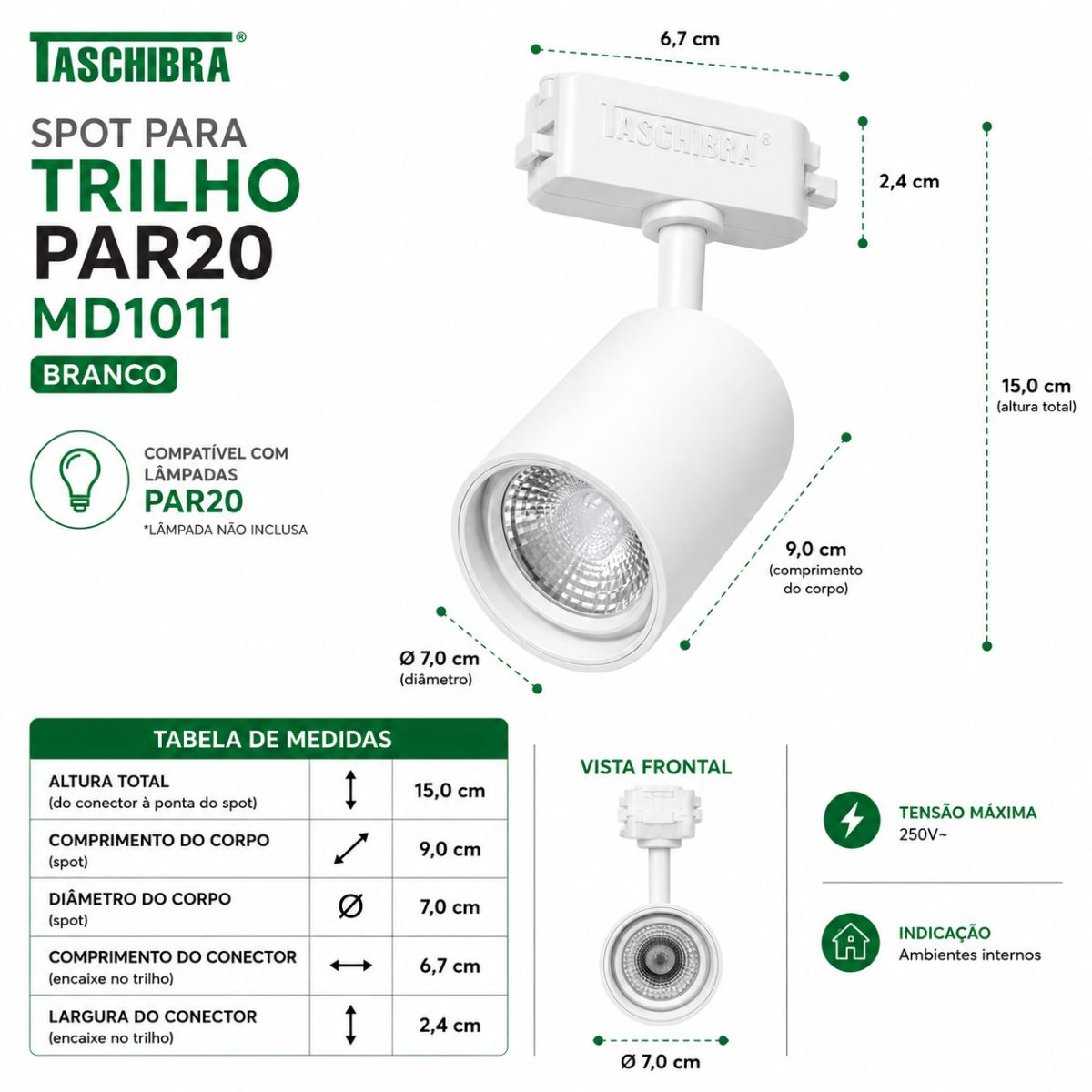 Spot Para Trilho Par20 Branco - Md1011 Taschibra