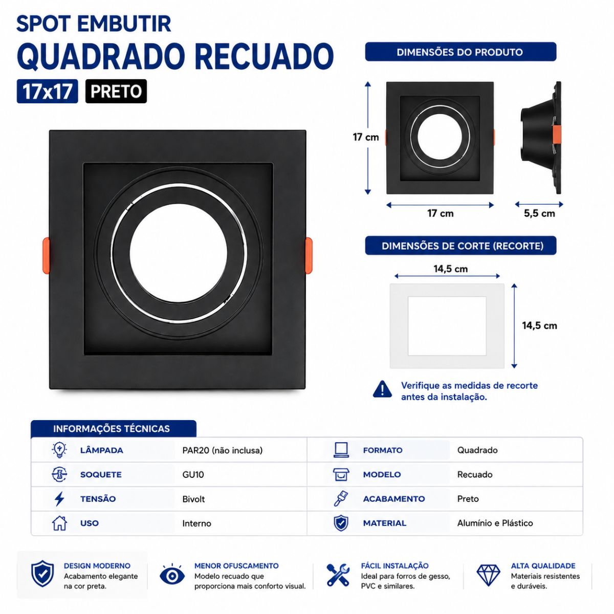 Spot Embutir Quadrado Recuado 17x17 Preto Taschibra
