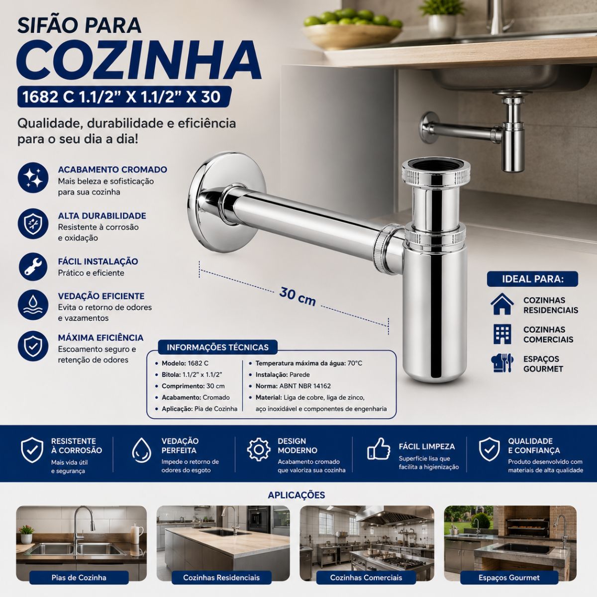 Sifão Cozinha  1682 C 1.1/2"X11/2"X30 Meber