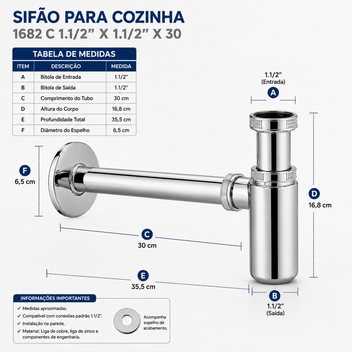 Sifão Cozinha  1682 C 1.1/2"X11/2"X30 Meber