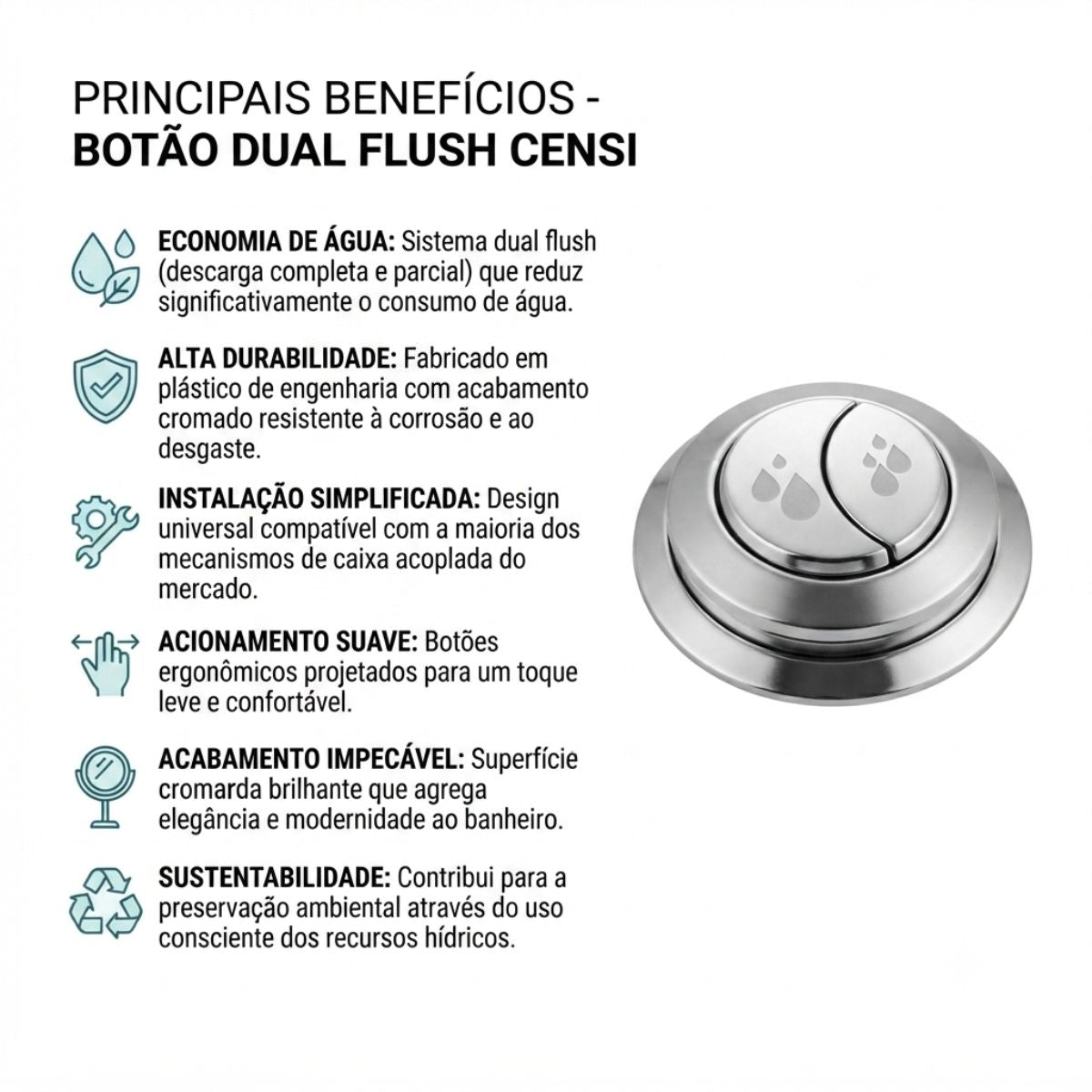 Botão de Acionamento Dual Flush Cromado Censi