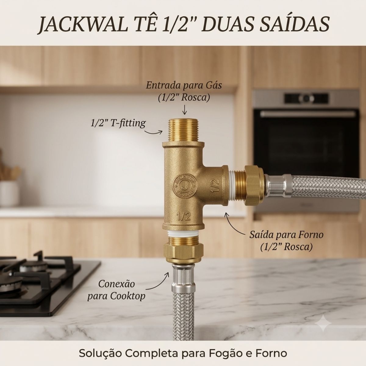 Tê de Cobre Duas Saídas 1/2" para Cooktop e Forno Jackwal
