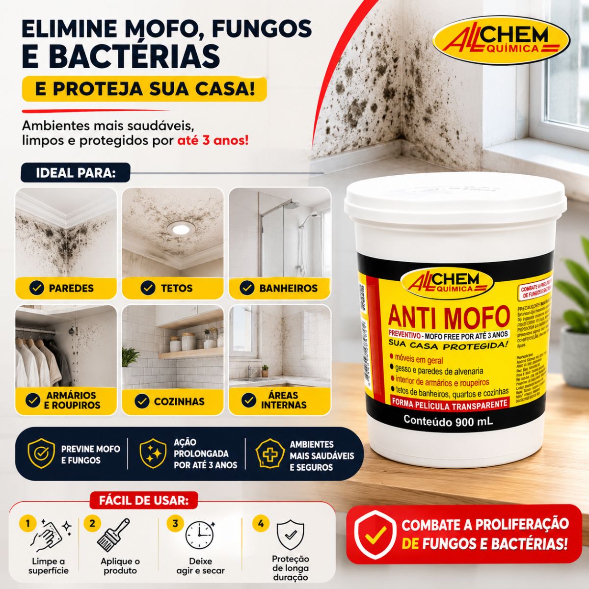 Antimofo Preventivo Fungos e Bactérias 900ml Allchem