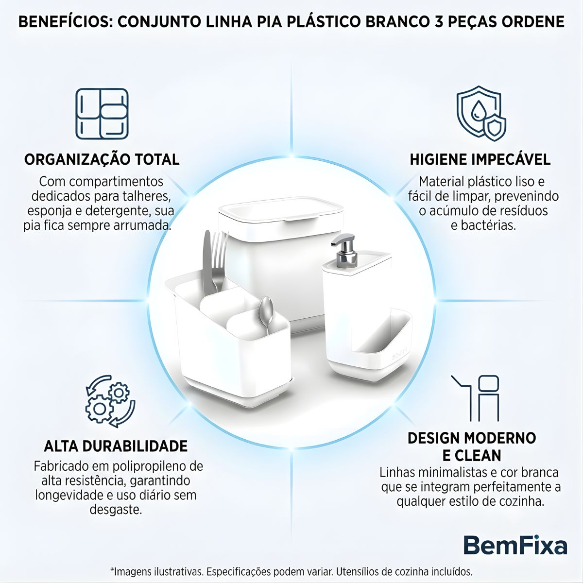 Conjunto Linha Pia Plástico Branco 3 Peças Ordene