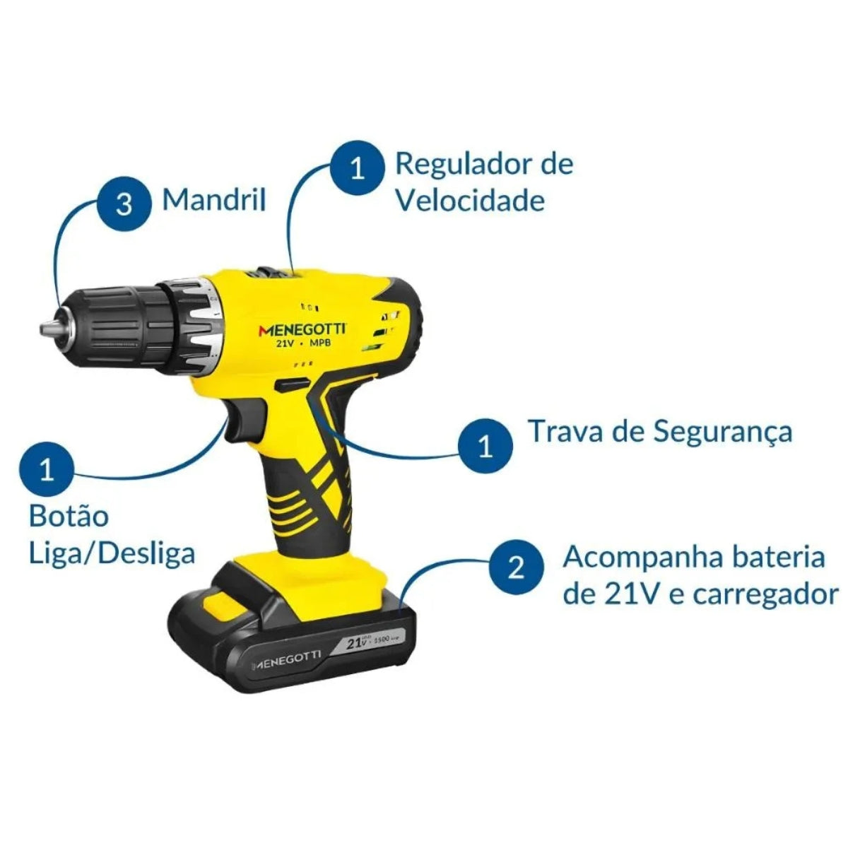 Furadeira e Parafusadeira a Bateria MPB21 127/220V 60Hz com Carregador Menegotti