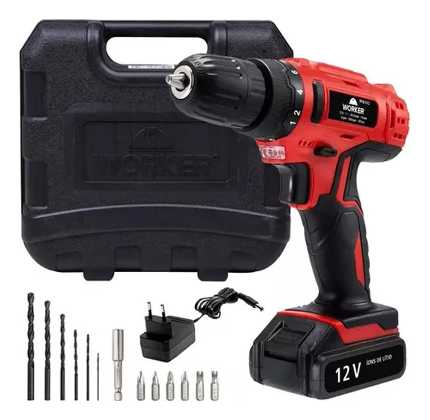 Parafusadeira/Furadeira a Bateria Kit 13 Peças 12V Worker - Thony Ferragem