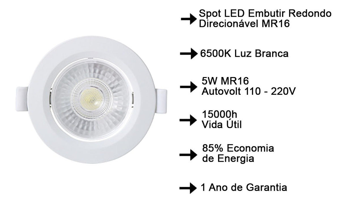 KIT 10  Spot Led Embutir Redondo  5W 6500K Taschibra - Thony Ferragem