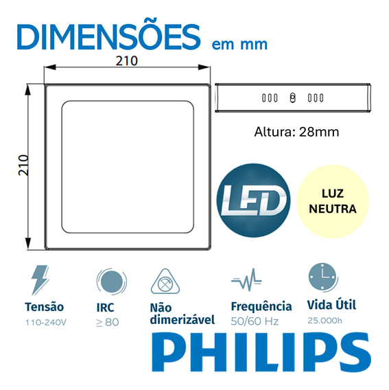 Luminária Led Quadrada 18W Sobrepor DL252 4000K Philips