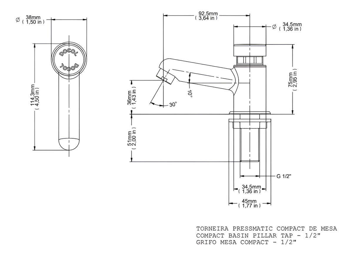 Torneira De Balcão Lavatório Compact Pressmatic Docol