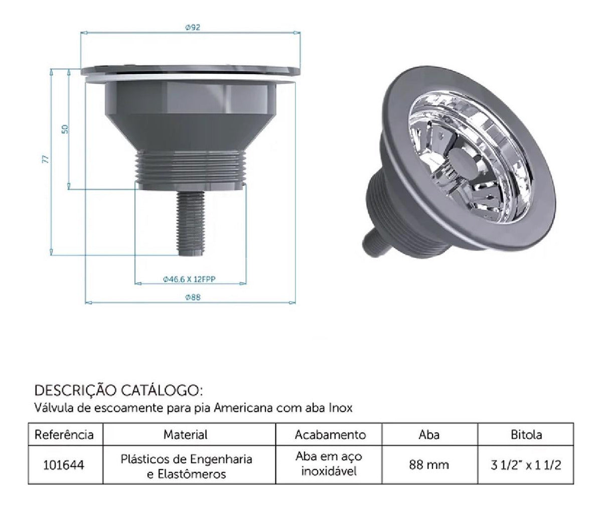 Valvula Escoamento Para Pia 4.1/2x1.1/2 Blukit - Thony Ferragem
