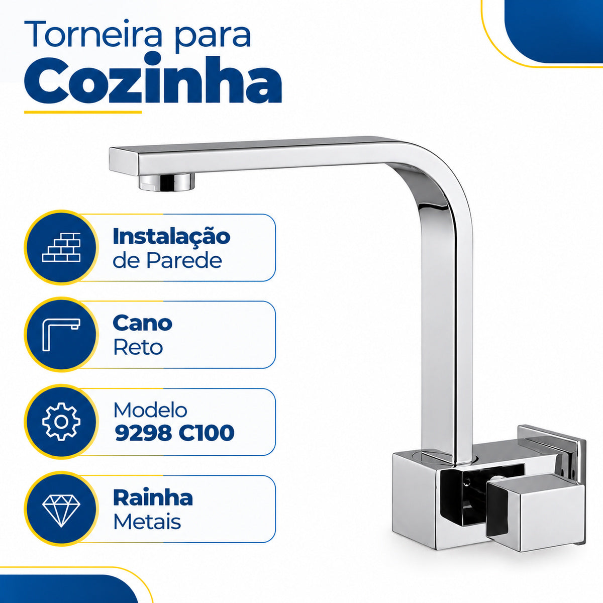 Torneira para Cozinha de Parede Cano Reto 9298 C100 Rainha Metais